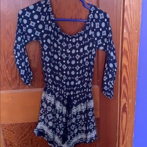 Blue and white print long sleeve romper